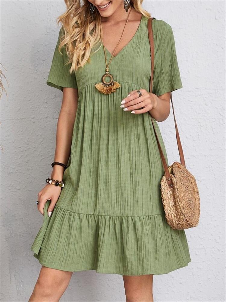 Jade™ - Damen Plissee Rüsche solide Kleider Casual V-Ausschnitt
