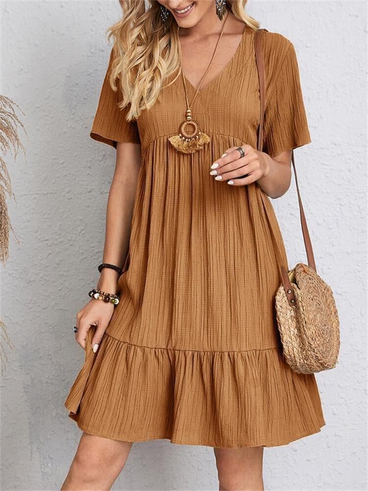 Jade™ - Damen Plissee Rüsche solide Kleider Casual V-Ausschnitt