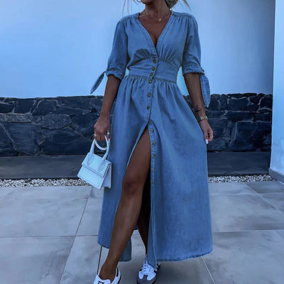 Rose™ - Langes Denim-Kleid mit V-Ausschnitt