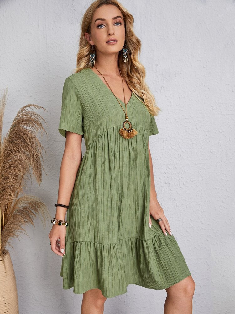 Jade™ - Damen Plissee Rüsche solide Kleider Casual V-Ausschnitt