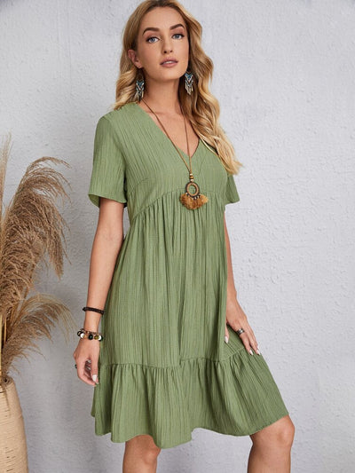 Jade™ - Damen Plissee Rüsche solide Kleider Casual V-Ausschnitt