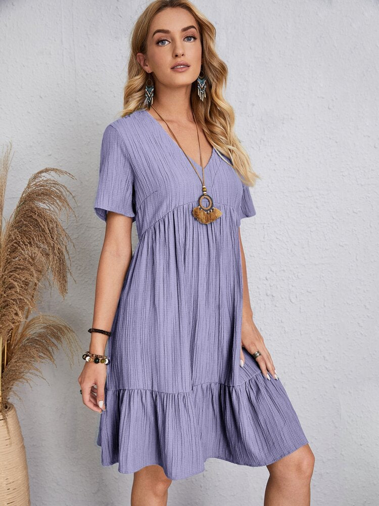 Jade™ - Damen Plissee Rüsche solide Kleider Casual V-Ausschnitt