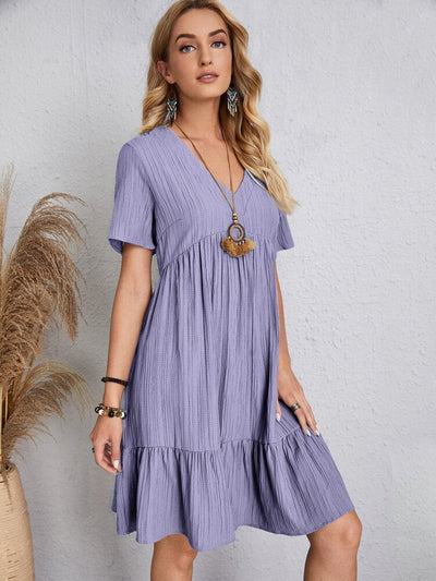 Jade™ - Damen Plissee Rüsche solide Kleider Casual V-Ausschnitt