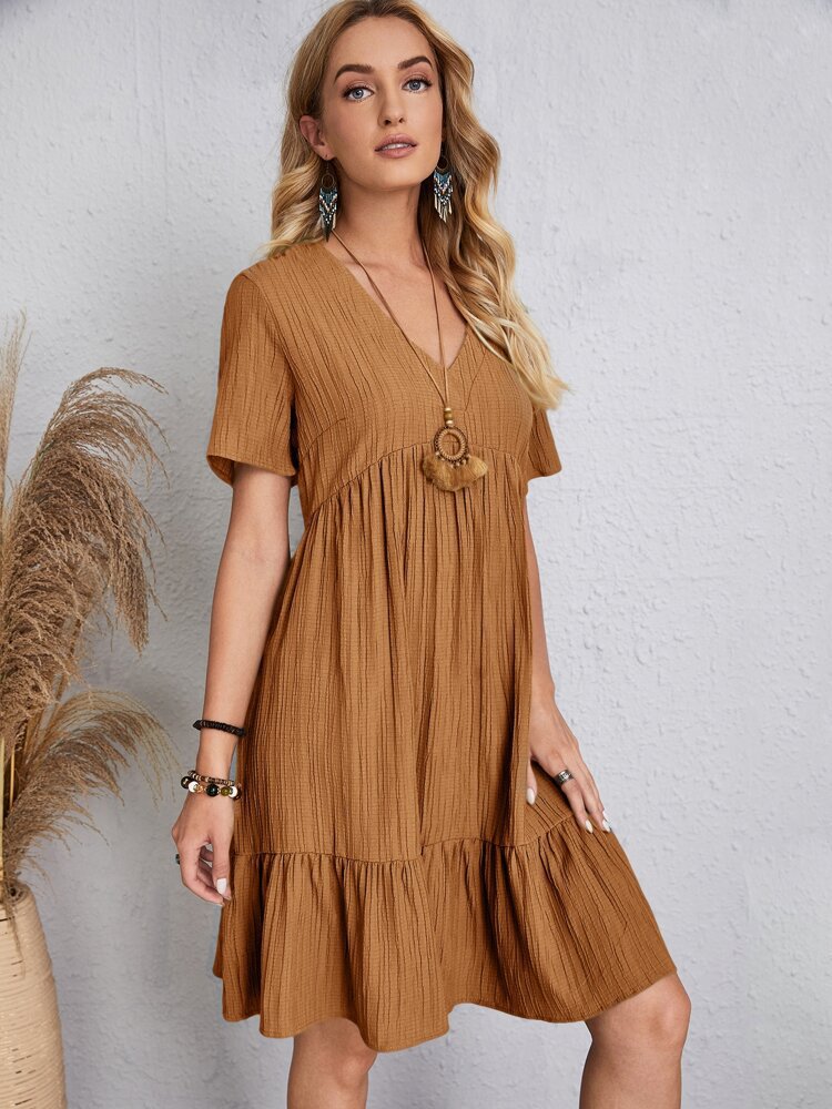 Jade™ - Damen Plissee Rüsche solide Kleider Casual V-Ausschnitt