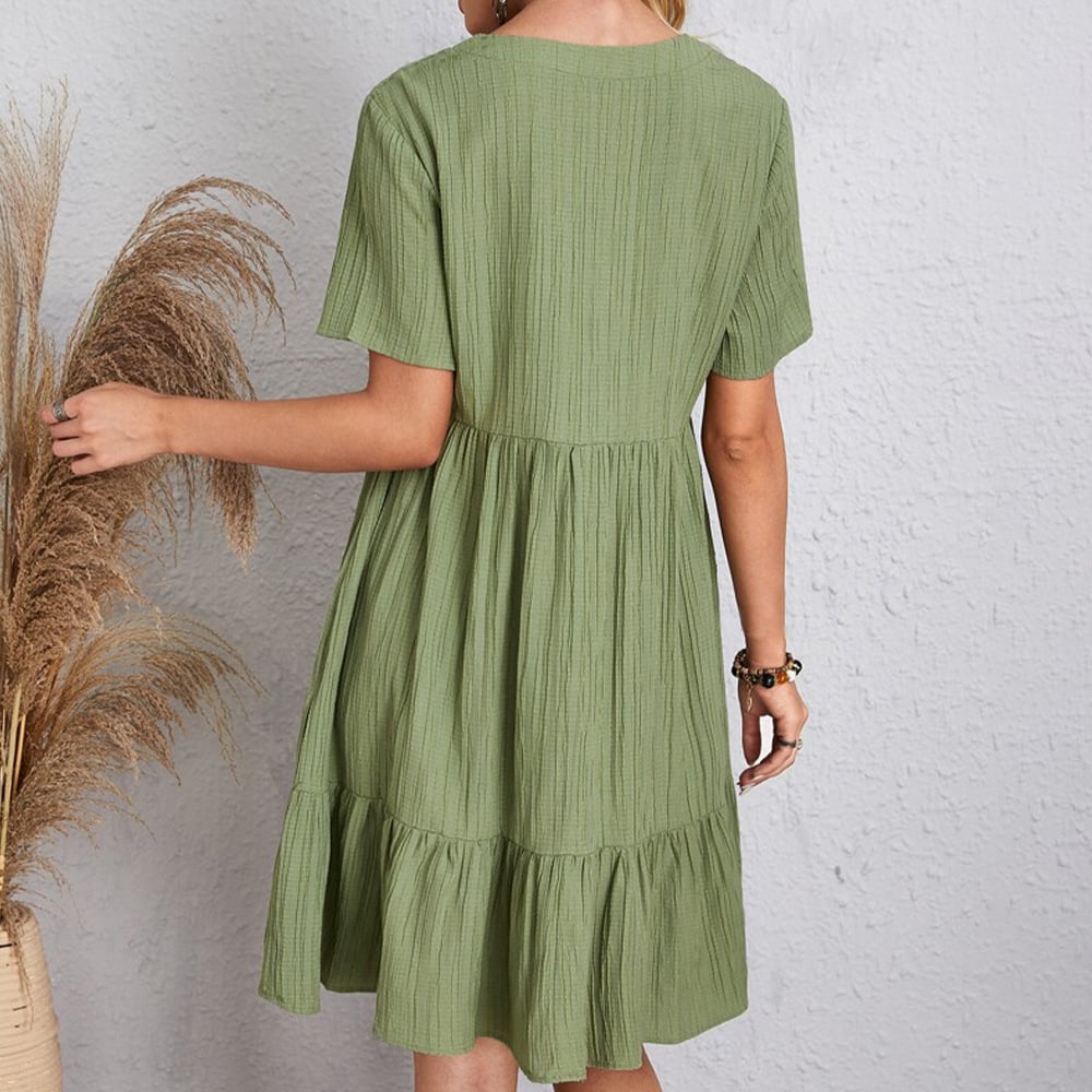 Jade™ - Damen Plissee Rüsche solide Kleider Casual V-Ausschnitt