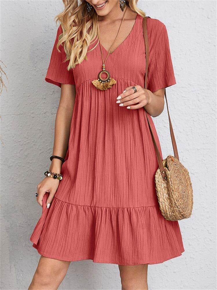 Jade™ - Damen Plissee Rüsche solide Kleider Casual V-Ausschnitt