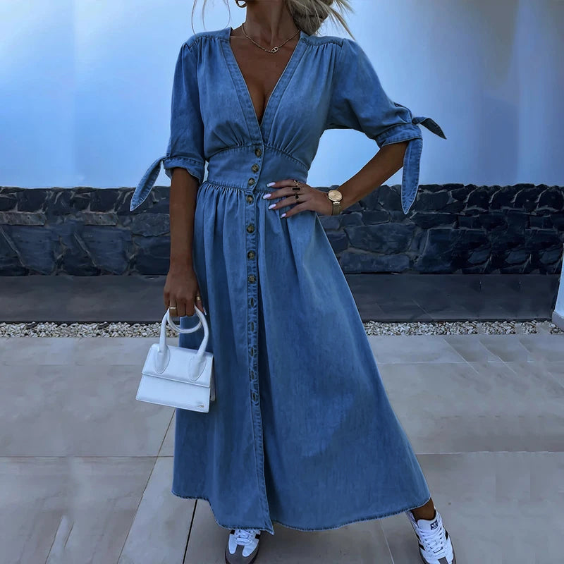 Rose™ - Langes Denim-Kleid mit V-Ausschnitt