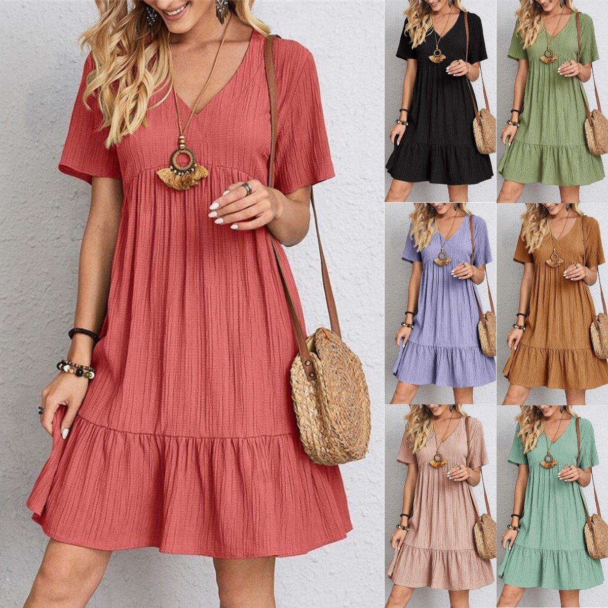 Jade™ - Damen Plissee Rüsche solide Kleider Casual V-Ausschnitt