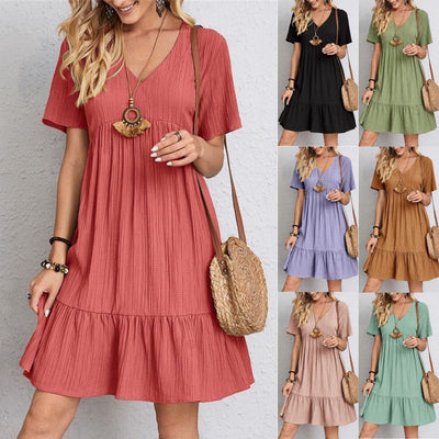 Jade™ - Damen Plissee Rüsche solide Kleider Casual V-Ausschnitt